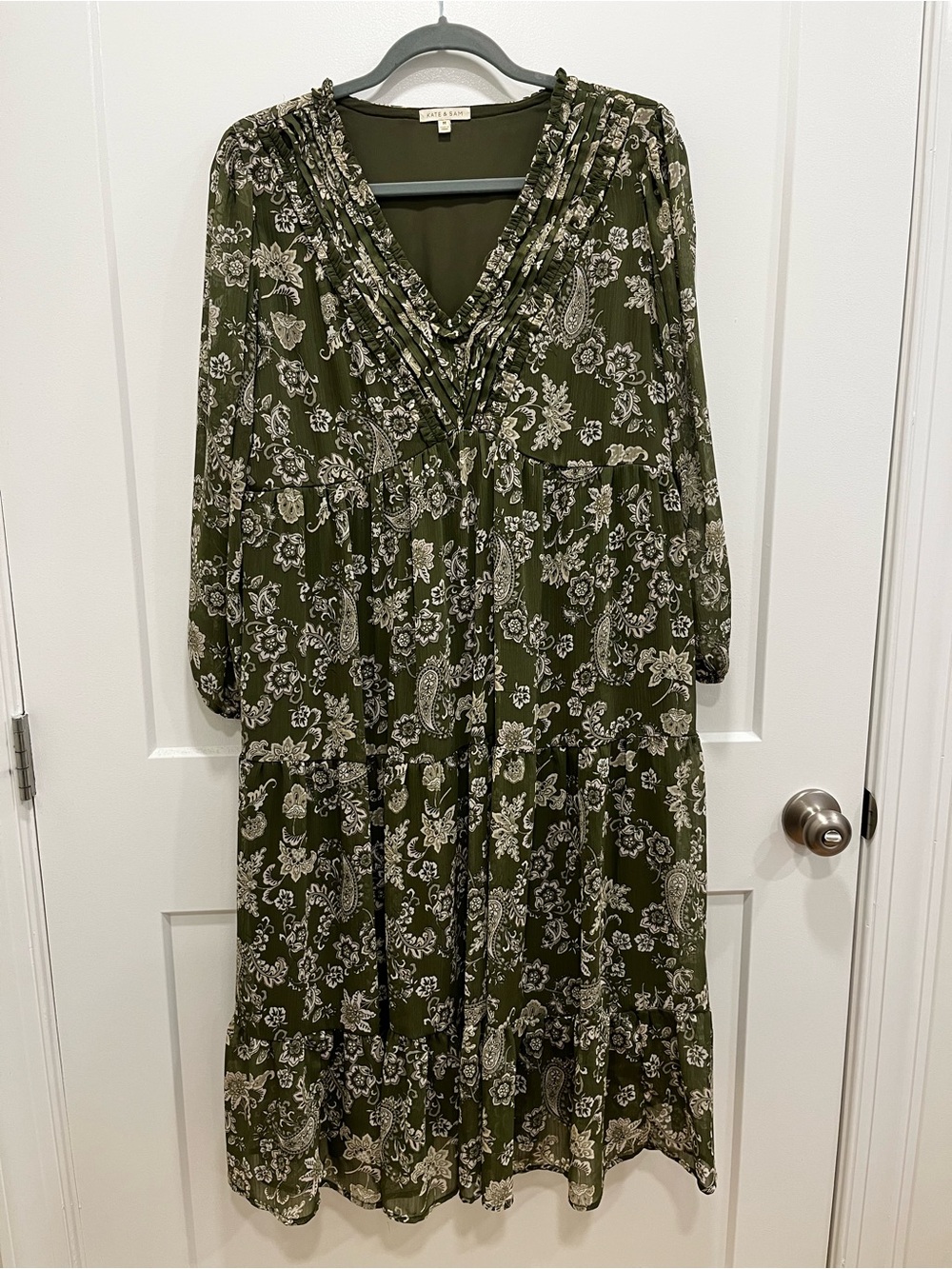Kate & Sam Floral Olive Green Floral V-Neck Tiered Dress Size Medium